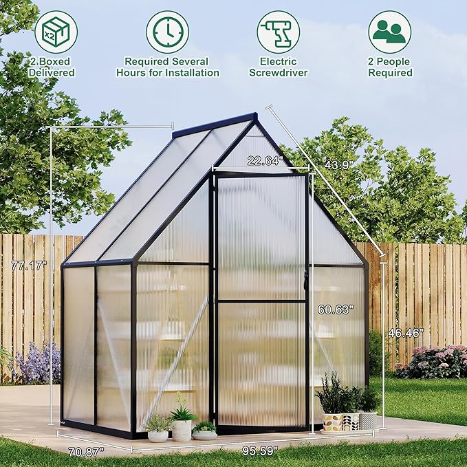 Polycarbonate Greenhouse for Outdoors, Large Walk-InGreenhouse with Quick Setup Structure and Roof Vent, Greenhouse with Ventilation