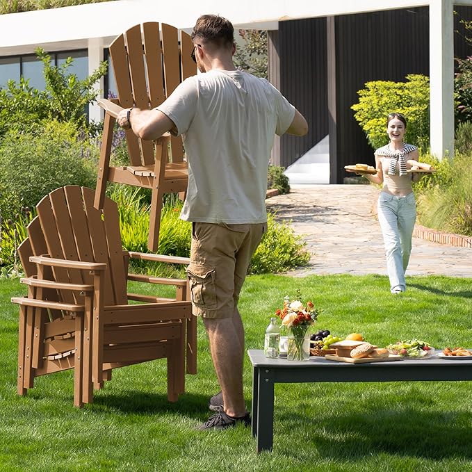 nevilywood Compact Stackable Adirondack Chairs Set of 2, 26.3" Wide HDPE Outdoor Patio Chairs - Durable, Space-Saving Design for Porch, Lawn or Garden, Teak