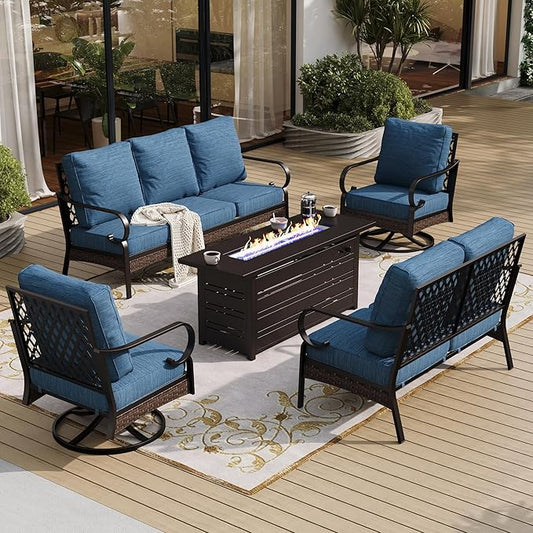 5 Piece Black Metal Outdoor Patio Furniture Set with Firepit Table, Patio Conversation Sets 1 3-seater Sofa, 1 2-seater Sofa, 2 Swivel Sofa with 5.75" Cushion for Backyard Deck, Blue-2