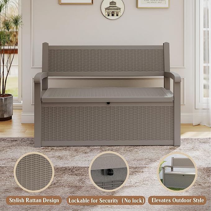 ROJIK 80 Gallon Resin Storage Bench Deck Box Outdoor with Armrests,Storage Furniture Waterproof Lockable for Porch Patio and Garden,Sturdy and Durable, Grey