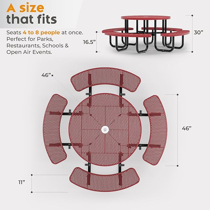 OUTTANS Metal Picnic Tables for Outdoors with Umbrella Hole - Coated Steel Heavy Duty Commercial Grade Furniture Set with Adjustable Seats (Red, 46 in, Round, Expanded Steel)
