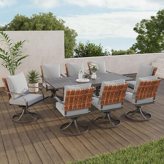 Grand patio 9-Piece Outdoor Dining Set, 8 Leather-Look Wicker Swivel Patio Chairs & 1 Extendable Rectangular Dining Table, Black