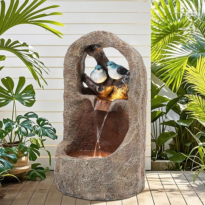 Autodaya 27" Outdoor Water Fountain with LED Lights,2-Tier Bird Natural Zen Garden Fountain, Relaxing Waterfall Floor, Yard, Porch or Deck Decor, Whether-Resistant, Faux Granite Texture