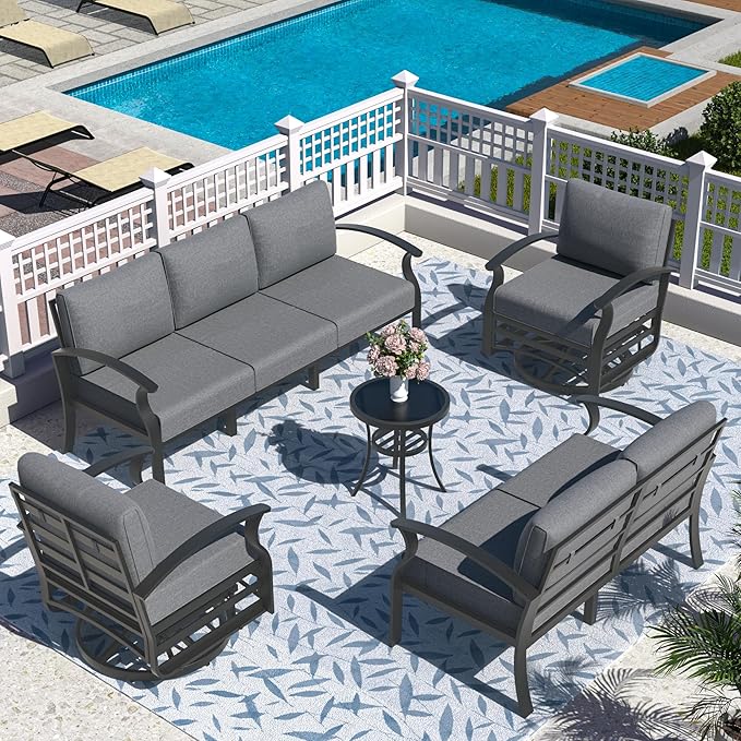 Aluminum Patio Furniture Set, 7 Seats Outdoor Patio Conversation Set with Swivel Chair Modern Metal Patio Sectional Sofa with Upgrade Cushions for Patio, Backyard Grey