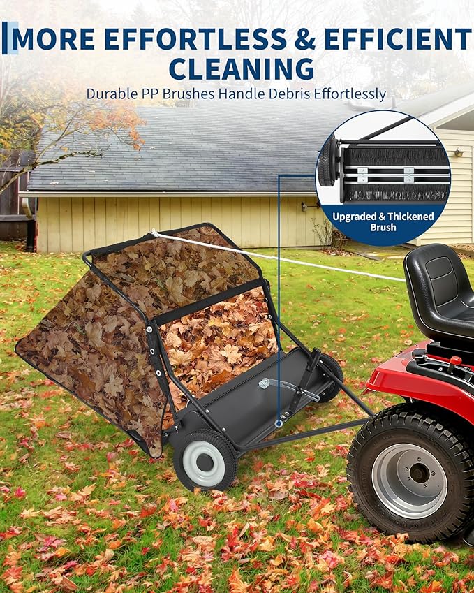 42" Lawn Sweeper Tow Behind, 21 Cu.Ft Capacity Pull Behind Yard Sweeper Large Leaf Collector, Leaf & Grass Catcher with Adjustable Brush Height & Dump from Seat Handle for Yard, Farm, Garden