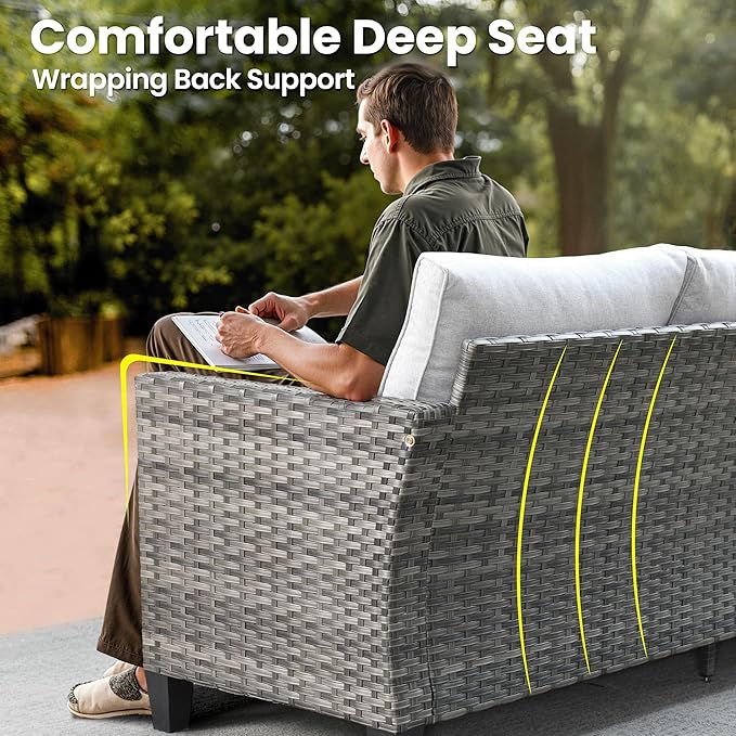 ovios 6 Pieces Patio Furniture Set, Outdoor Wicker Sofa Couch with Rocking Swivel Chairs Comfy Cushions, Modern Deep Seat Rattan Conversation Sets for Porch Deck, Grey