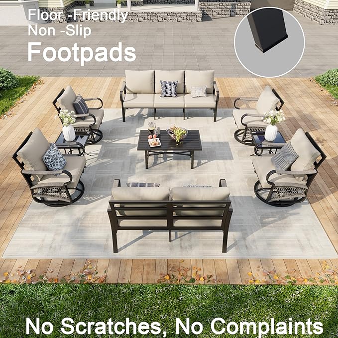 9-Piece Outdoor Patio Conversation Sets, Rope Outdoor Furniture Set Metal 3-Seater Couch, 4 Swivel Rockers with 2 Side Tables, Loveseat Sofa with Coffee Table for Backyard Deck Porch Poolside, Beige