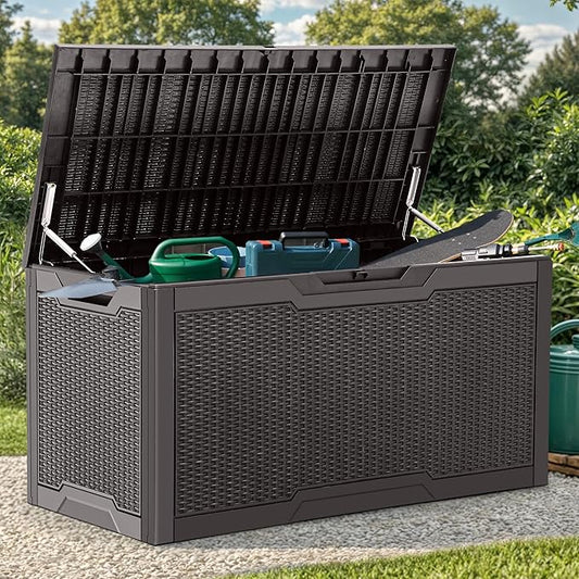 YITAHOME 100 Gallon Resin Deck Box, Weather Resistant Outdoor Storage Box, Lockable Indoor Outdoor Storage for Supplies and Essentials, Dark Brown