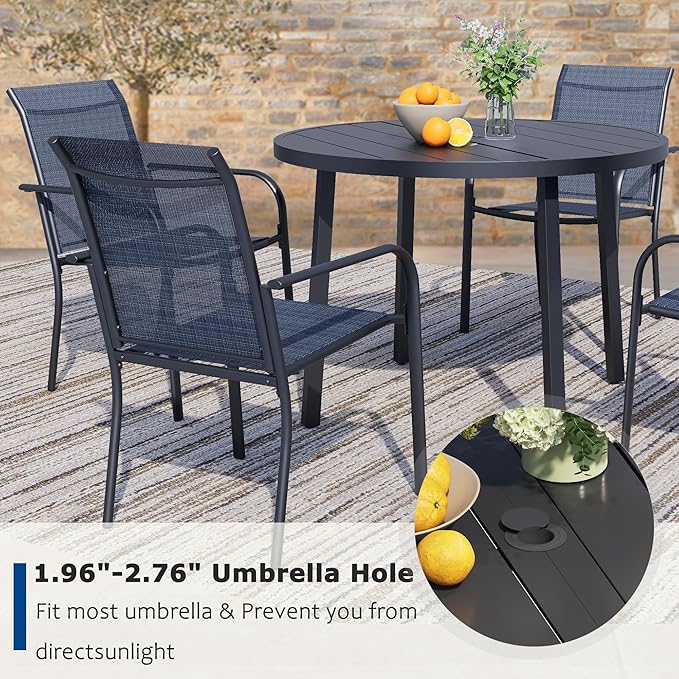 5 Pieces Patio Dining Set for 4, Dark Blue Patio Stackable Chairs and Black Round Table Set of 4, Outdoor Furniture Set with Sling Support for Outside, Garden