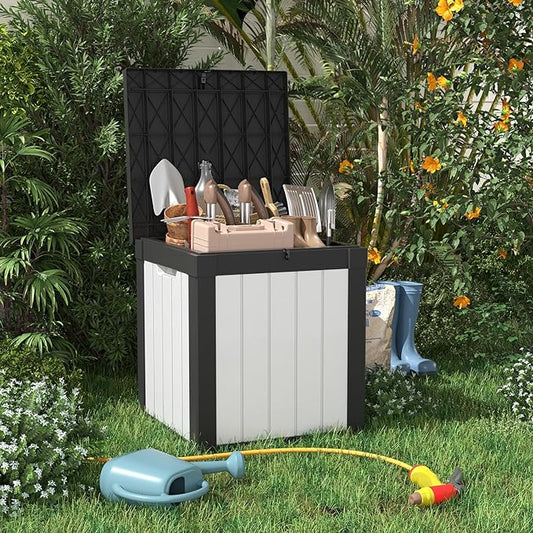 40 Gallon Resin Deck Box, Lockable Patio Outdoor Storage Box for Furniture, Garden Tools and Tools Storage, Waterproof Outside Storage Boxes - Black&White