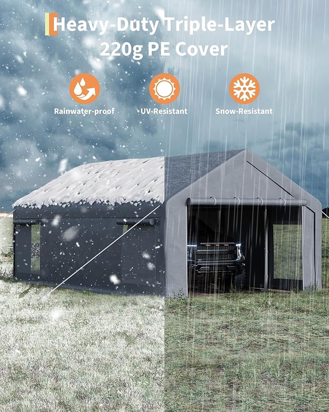 13x25 FT Carport,Heavy-Duty Carport with 4 Roll-Up Windows & Doors, Portable Garage 200g PE Tarp, Waterproof & UV Protected Outdoor Shelter for Car, Boat, Truck, Motorcycle