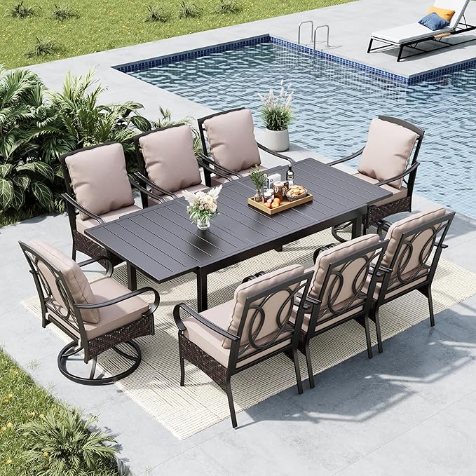 MFSTUDIO 9 Piece Patio Dining Sets, Expandable Outdoor Table and Chairs Set for 8, Patio Metal Rectangular Table & Swivel and Fixed Chairs, Large All Weather Outdoor Dining Furniture for Deck