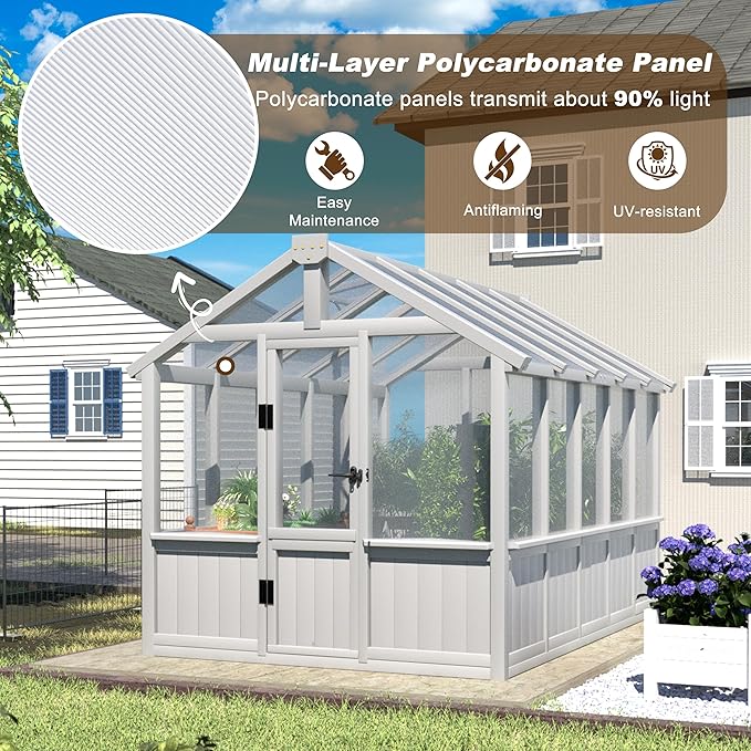 BlueWish 6x10 FT Greenhouse for Outdoors, Walk-in Green House with Cedar Frame, Adjustable Vent, Wood Greenhouses with 6MM Polycarbonate Panel, Greenhouse for Outside, Garden, Backyard, White