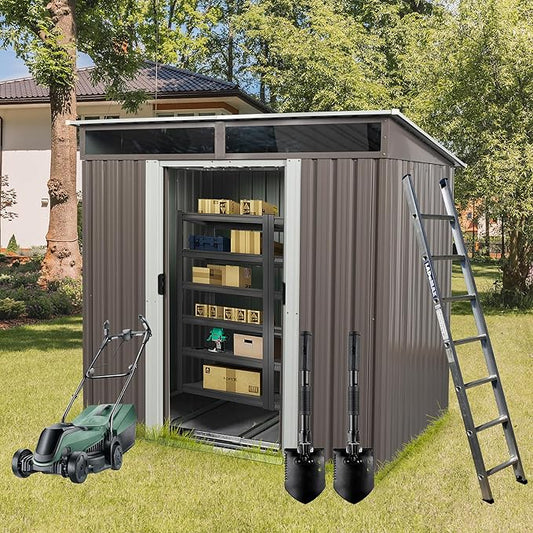 Favfurish 6Ft x 5Ft Outdoor Metal Storage Shed, Weatherproof Garden Shed with Double Sliding Doors and Padlock, Transparent Plate, Punched Vents, Utility Tool House for Lawn Backyard, Gray