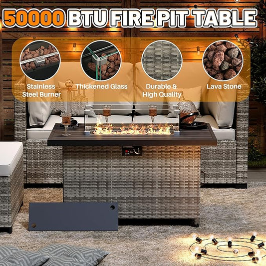 44 Inch Rectangular Propane Gas Fire Pits Table for Outside Patio, 50000 BTU Outdoor Wicker Rattan Fire Pit with Glass Wind Guard and Lid for Outside Patio Deck, Garden, Backyard (Grey)