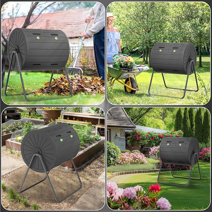 PatioZen Dual Chamber Tumbling Composter 45 Gallon Large Outdoor Tumbling Composter Efficient Batch Composting Easy Turn Design (Black 45Gal)