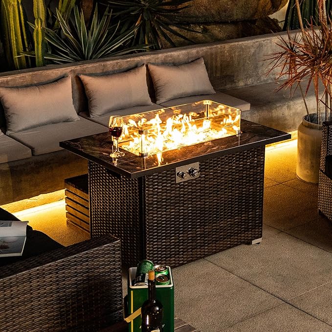 Outdoor Propane Fire Pit Table for Outside Patio, 43 Inch Wicker Firepits for Outside, Rectangle Gas Fire Pit for Garden, Pool, Backyard, 50,000 BTU, Tank Inside, Espresso Color