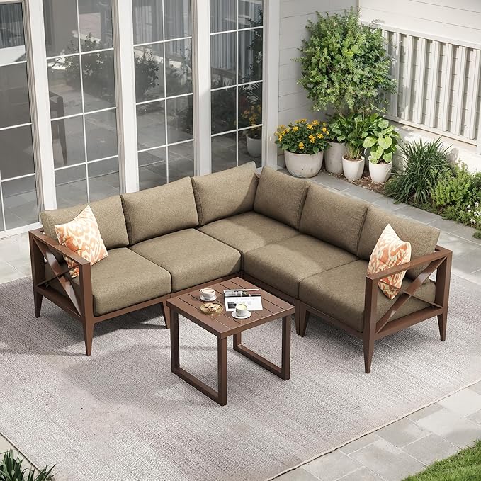 Aluminum Outdoor Furniture Set,5-Seats Conner Patio Sectional Conversation Sofa with 6" All-Weather Cushions and Coffee Table,Patio Furniture Set for Deck, Porch, Garden (Brown)