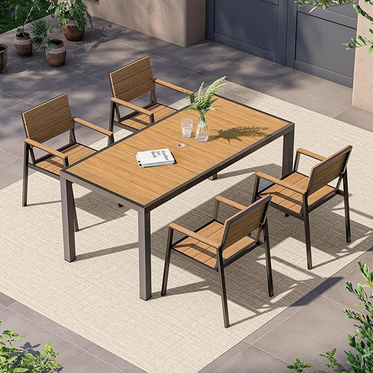 Outdoor Dining Set, Patio Table and Chairs of 4, Aluminum Outdoor Furniture Set with Umbrella Hole, HDPS Patio Dining Table Set for 4 (Gray-Teak)