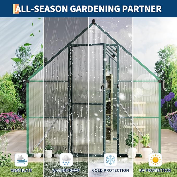 Polycarbonate Greenhouse for Outdoors, Large Walk-InGreenhouse with Quick Setup Structure and Roof Vent, Greenhouse with Ventilation