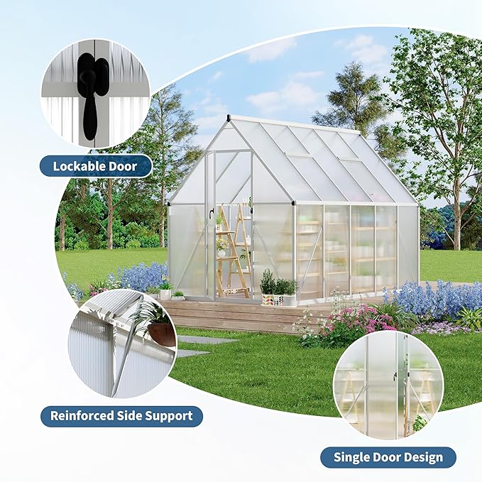 Polycarbonate Greenhouse for Outdoors, Large Walk-InGreenhouse with Quick Setup Structure and Roof Vent, Greenhouse with Ventilation