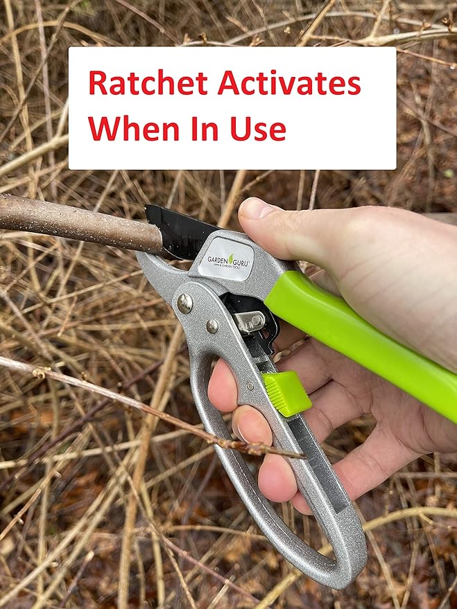 Garden Guru Professional Ratchet Pruning Shears Clippers – 4X Cutting Power – Ratcheting Garden Anvil Pruners Scissors - Makes Tough Cuts Easy - Great for Seniors & Arthritic Hands (4 Pack)