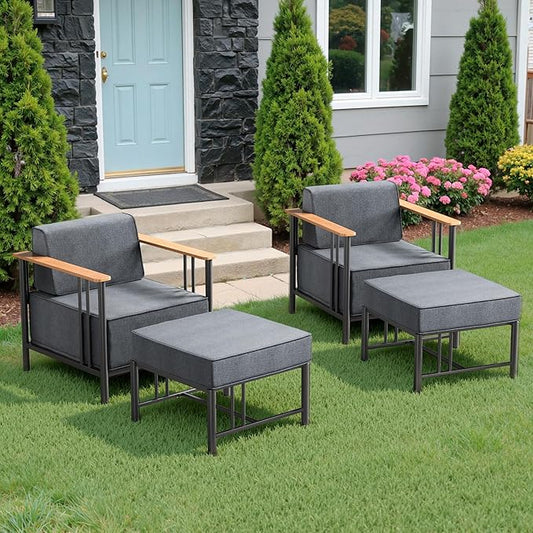 Luxury Patio Chairs with 10" Extra Thick Cushions, Outdoor Chairs with Ottomans, 4 PCS Outdoor Furniture Set for Porch, Balcony, Deck, Patio, Yard, Poolside, Black/Grey