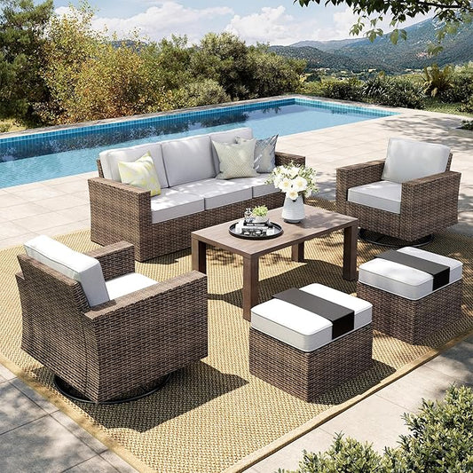 HERA'S HOUSE Swivel Glider Patio Furiture Set with 4.92" Wide Armrests, Outdoor Wicker Conversation with 5.5" Waterproof Cushions, 6 Pieces Outside Sofa Set for Deck Lawn, Grey