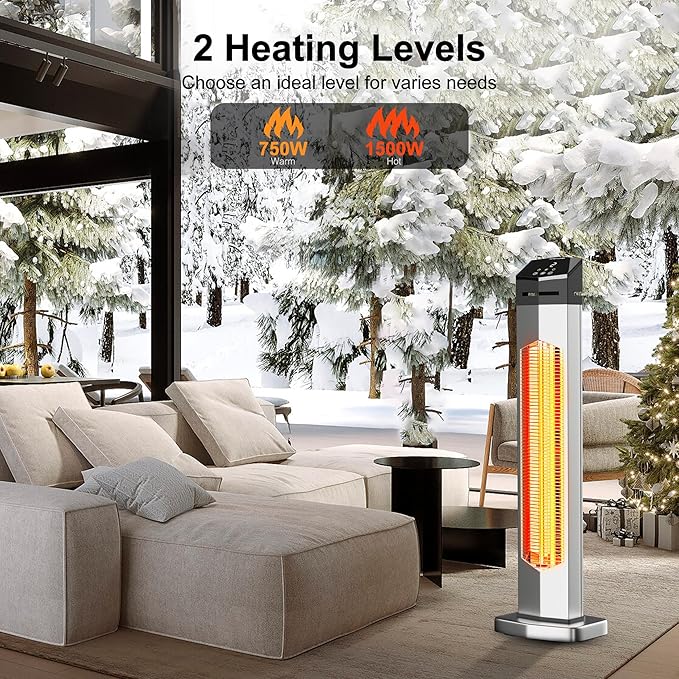 AKIRES Outdoor Electric Patio Heater,37IN 1500W Infrared Tower Heater with Instant Heating,Tip-Over & Overheat Protection,IP54 Waterproof Space Heater For Patio Garage Indoor & Outdoor Use,Silver