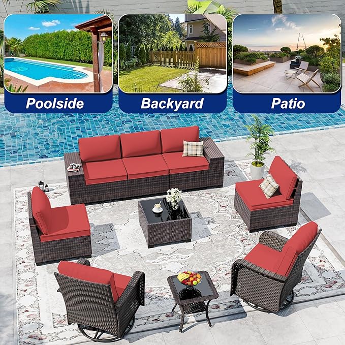 9 Pieces Patio Furniture Set with 2 Swivel Chairs Patio Furniture Outdoor Sectional Sofas Outdoor Patio Conversation Set - Red