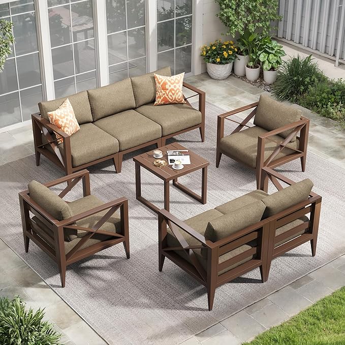 Aluminum Patio Furniture Set,7-Seats Patio Sectional Conversation Sofa with 6" All-Weather Cushions and Coffee Table,Outdoor Furniture Set for Deck, Porch, Garden (Brown)