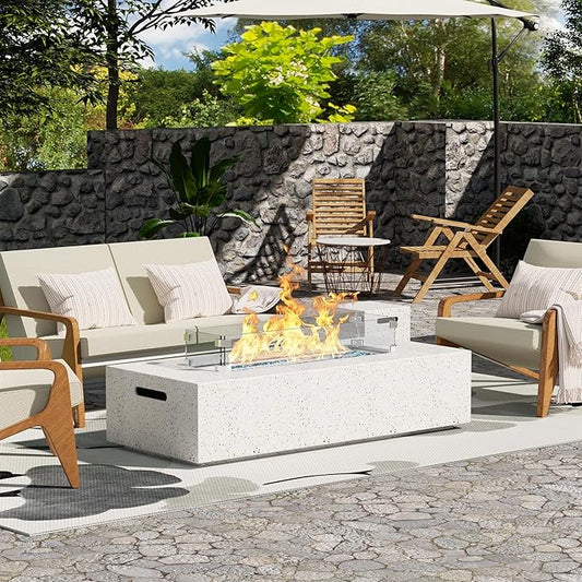 NAGA HABNA 56 Inch Propane Fire Pit Table, Rectangle Outdoor Fire Table w Tank Table (50,000 BTU), 3 Piece Gas Fire Pit w Glass Wind Guard and Blue Fire Glass for Garden, Pool, Backyard