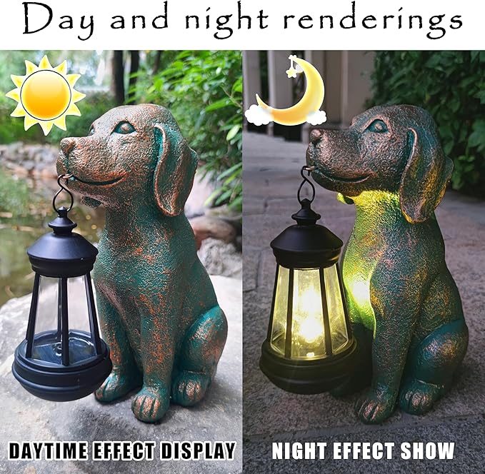 RCTTICUU Dog Garden Statue Outdoor Décor with Solar Lights Lantern,Dog Solar Light Figurines Outside Decorations for Yard，Lawn ,Patio, Balcony, Unique Housewarming Gifts