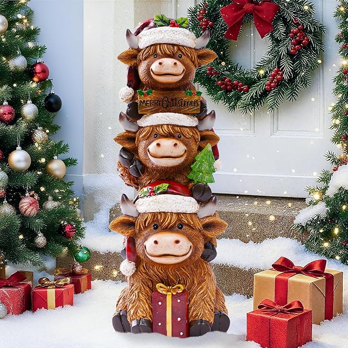 twinbling Christmas Highland Cow Decor with Solar Light Triple Highland Cow Christmas Decorations Gifts for Women Mom Funny Highland Cows Garden Statues for Garden Patio Lawn Yard Decor