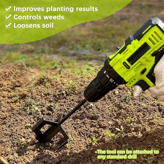 4-in-1 Soil Cultivator Garden Tiller Attachment Loosener Tool and Soil Digger for Flower Box and Gardening Bed, Planter Auger Compatible with 3/8" Hex Drive Drill