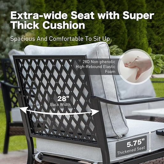 6 Piece Black Metal Outdoor Patio Furniture Set with Firepit Table, Patio Conversation Sets 1 3-Seater Couch, 2 Sofa, 2 Rocking Sofa with 5.75" Cushion for Backyard Deck, Light Gray