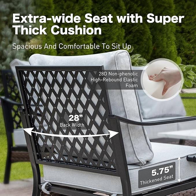 4 PCS Metal Outdoor Patio Furniture Set, Patio Conversation Sets 1 3-Seater Sofa, 2 Rocking Chairs with 5.75" Extra Thick Cushion & Coffee Table, Black Backyard Furniture, Light Gray