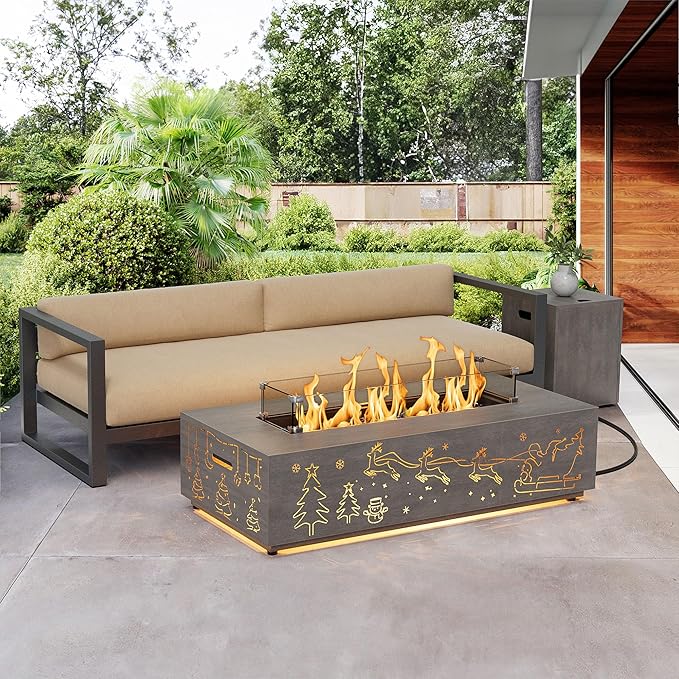 Dineli Propane Fire Pit Table 42 Inch Gas Fire Pits & Outdoor Fireplaces w LED, Tabletop Fire Pit Firepits for Outside Patio, 50,000 BTU (Gray, Christmas Pattern with Warmlight)