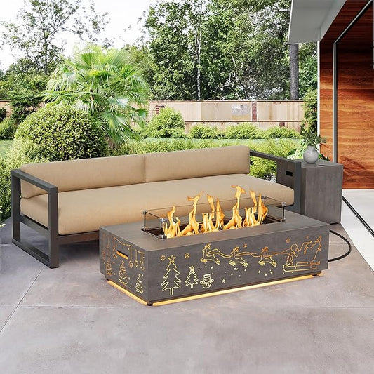 Dineli Propane Fire Pit Table 42 Inch Gas Fire Pits & Outdoor Fireplaces w LED, Tabletop Fire Pit Firepits for Outside Patio, 50,000 BTU (Gray, Christmas Pattern with Warmlight)