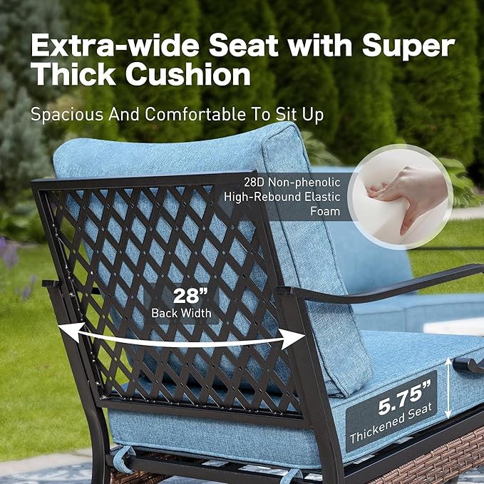 4 Piece Black Metal Outdoor Patio Furniture Sets with Firepit Table, Patio Conversation Sets 1 3-Seater Sofa, 2 Chairs with 5.75" Thick Cushion Backyard Furniture for Deck, Denim Blue