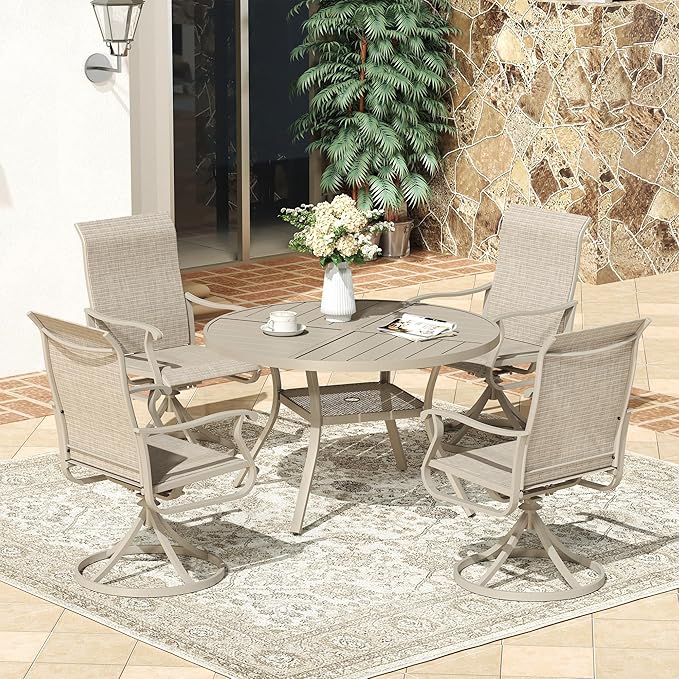 VICLLAX Round Patio Dining Table, 4 Person Metal Outdoor Dining Table with Umbrella Hole and Storage Shelf for Garden Lawn Deck, 40.6" Sandshell