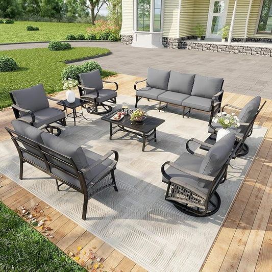 9-Piece Patio Conversation Sets, Metal Outdoor Furniture Set Includes 3-Seater 4 Swivel Rockers with 2 Side Tables 1 Loveseat with Coffee Table for Backyard Garden Deck Porch Poolside, Gray