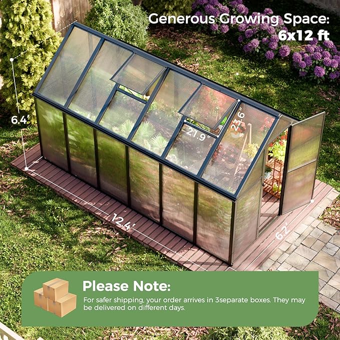 12x6 FT Outdoor Greenhouse, Easy Assembly Large Aluminum Polycarbonate Kit, 2 Vent Windows, Swing Door, Walk-in, for Outside, Sunroom, Backyard, Garden
