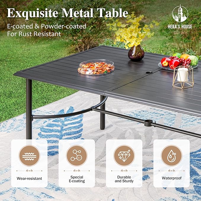HERA'S HOUSE Patio Table and Chairs for 6, Outdoor Dining Set 7 Pieces, 67" Rectangle Metal Table with Elegant Armrest Chairs for Garden Backyard