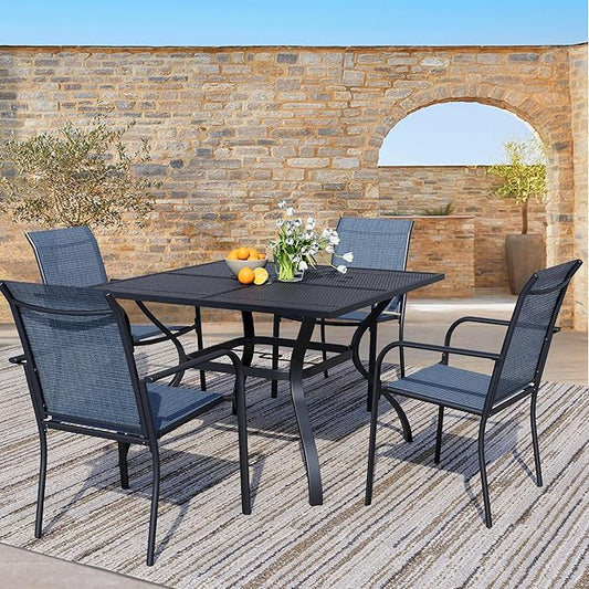 5 Piece Outdoor Dining Set, Patio Table and Chairs Set of 4, 37.5" Black Square Patio Table with 4 Blue Stackable Patio Chairs for Lawn, Garden, Porch