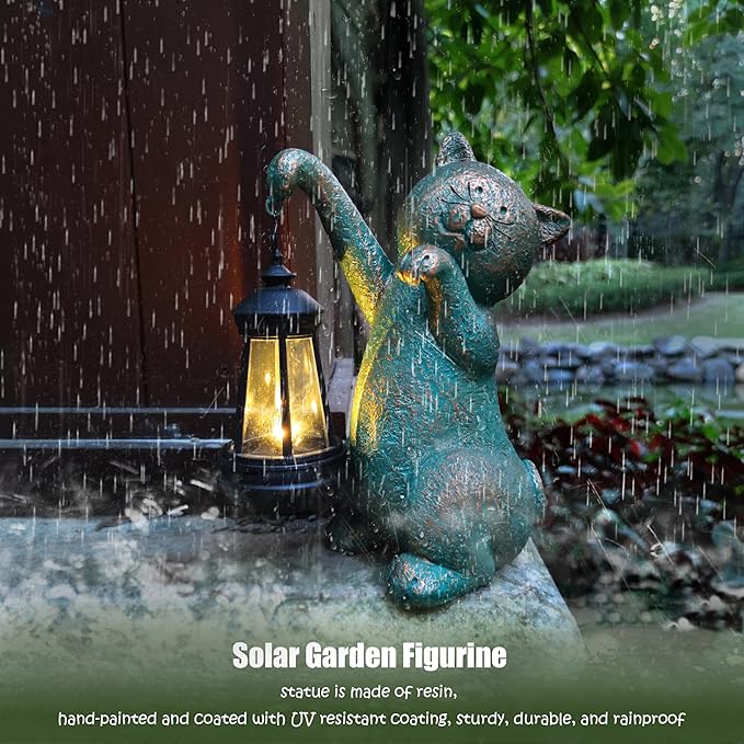 RCTTICUU Cat Garden Statue Outdoor Décor with Solar Lights Lantern,Cat Solar Light Figurines Outside Decorations for Yard，Lawn Patio, Balcony, Unique Housewarming Gifts