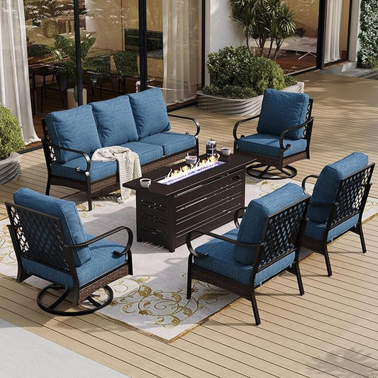 6 Piece Black Metal Outdoor Patio Furniture Sets with Firepit Table, Patio Conversation Sets 1 3-Seater Sofa, 2 Leg Sofa and 2 Swivel Sofa with 5.75" Cushion for Backyard Deck, Blue-2