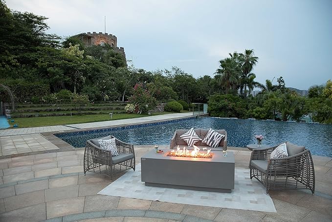 AMS Creations | Sedona Fire Pit Table with Pull-Out Propane Tank Storage Drawer | Concrete Rectangular Propane Fire Pit | Modern Outdoor Furniture | Lava Rock and Fabric Cover Included. (Light Grey)