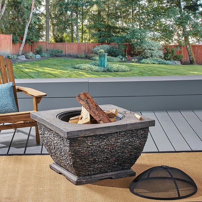 32 Inch Outdoor Fire Pit Table, Wood Burning Fire Pit for Patio with Spark Screen, Fire Poker, MGO Light-Weight Concrete Square Firepit for Camping, Garden, Backyard, Gray