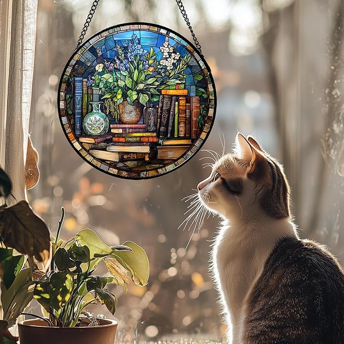 QZQCBLC Stained Glass Window Hanging Teal Flower Vintage Books 7.8" - Blue Suncatcher Door Garden Sun Catcher Home Decor Birthday Christmas for Mom Men Woman Nana Friend